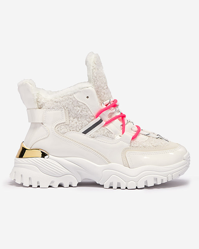 Bílá dámská sportovní obuv s kožíškem a neonově růžovými tkaničkami Sagglo- Obuv