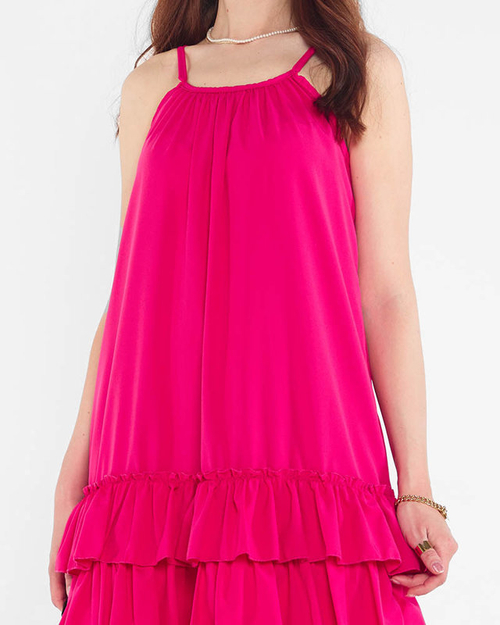 Фіолетово-рожева сукня на бретелях з оборками