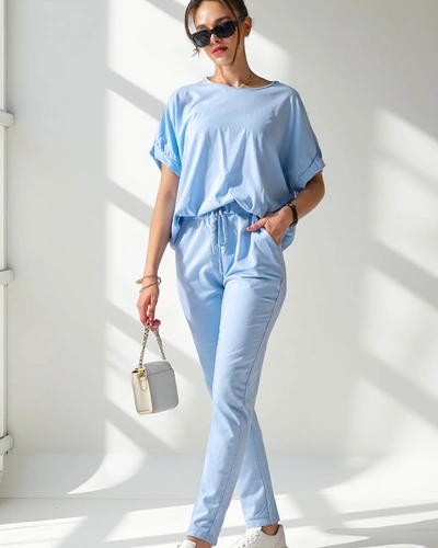 Royalfashion Dámský bavlněný set s krátkými rukávy a rovnými kalhotami