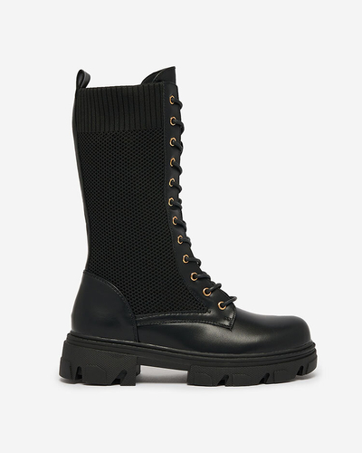 Royalfashion Ažurové černé dámské kozačky na plochém podpatku Kalifo