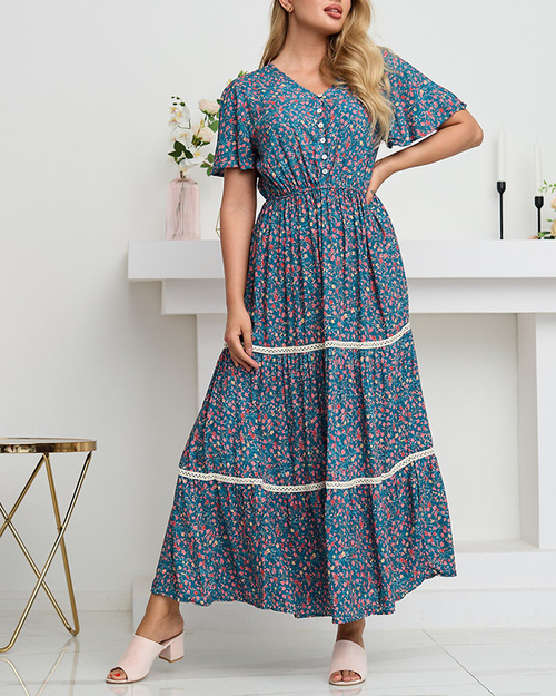 Жіноча синя довга квіткова літня сукня - Одяг