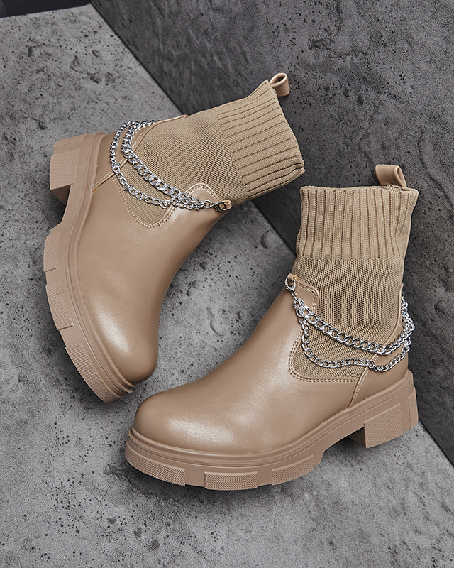 Světle hnědé dámské kozačky se svrškem a'la ponožka Foldaf- Obuv