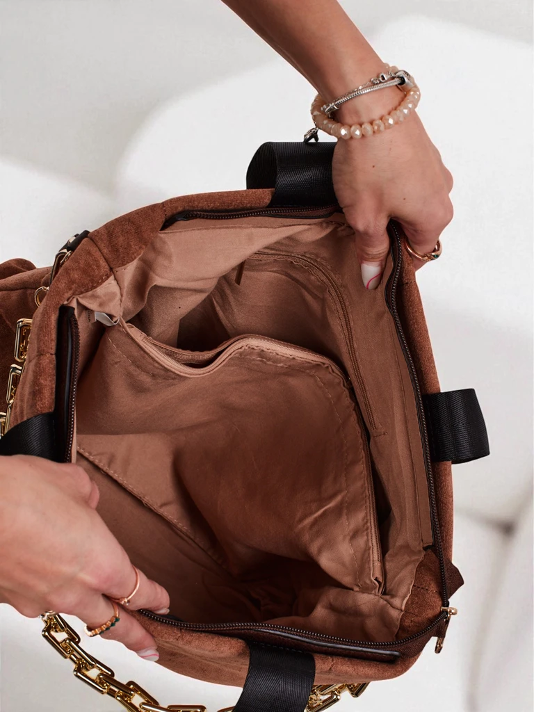 Aurelia Toscana Velká hnědá semišová kabelka A4 se zlatým řetízkem