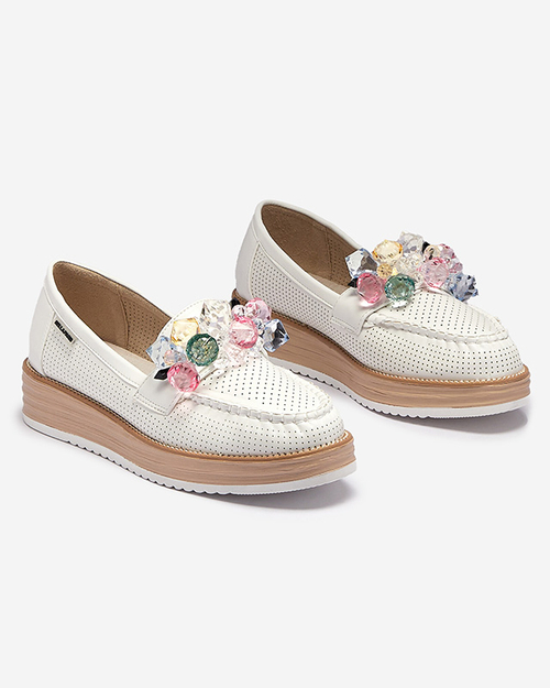 Білі жіночі мокасини з декоративними кристалами Liscutio- Footwear
