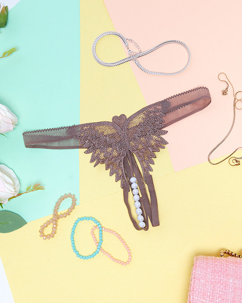 Жіночі коричневі стринги з мереживом і бісером - Білизна