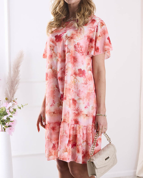 Dámské šaty po kolena s potiskem a volánkem v oranžové barvě- Oblečení