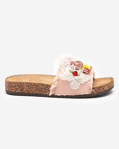 Dámské pantofle s látkovými květy v růžové Ososi- Footwear