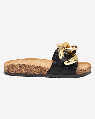 Letní pantofle Ariadne Royalfashion s velkým zlatým řetězem, černá kůže