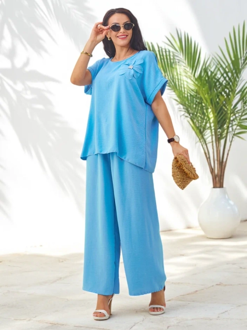 Royalfashion жіночий комплект з короткими рукавами, декоративною квіткою та широкими штанами