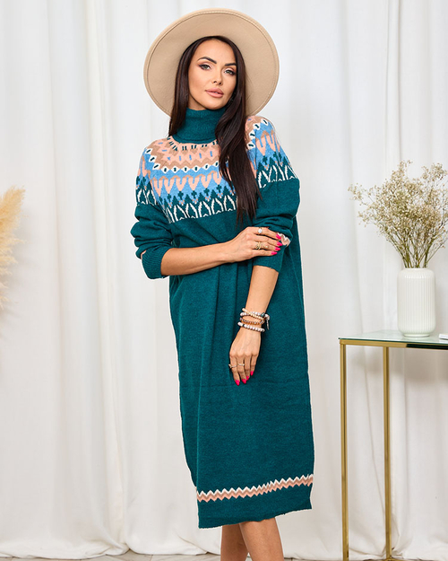 Royalfashion Темно-зелена жіноча сукня-светр з водолазкою та принтом