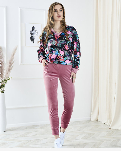 Velurová tepláková souprava se vzorovanou mikinou a růžovými kalhotami- Oblečení