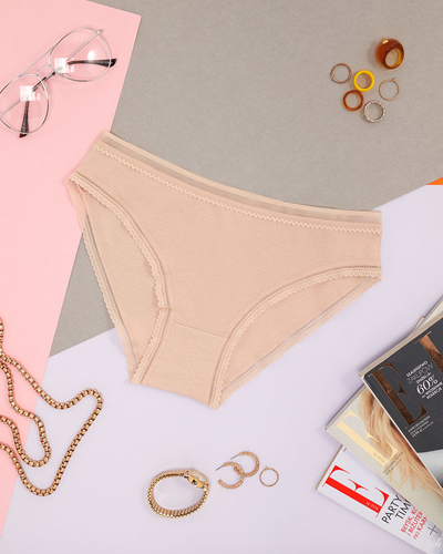 Béžové dámské bavlněné hladké kalhotky s krajkou - spodní prádlo