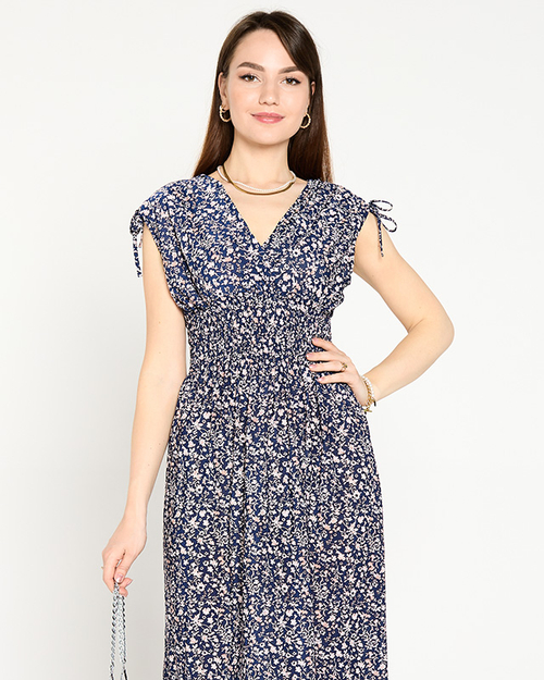 Жіноча максі сукня з квітами темно-синього кольору - Одяг