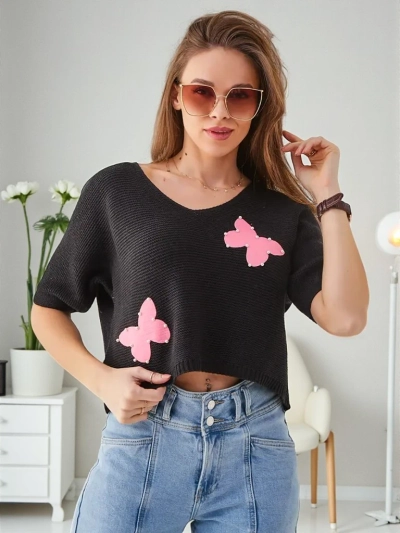 Royalfashion Жіночий бавовняний короткий светр з метеликами