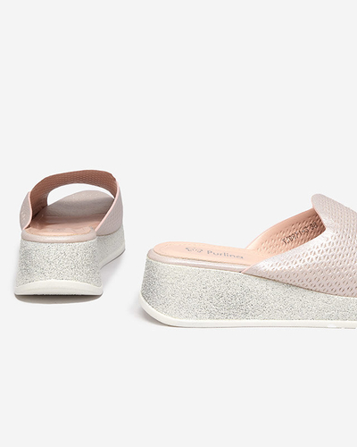 Lekisa růžové dámské prolamované pantofle na klínku se třpytkami - Boty