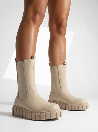 Royalfashion Dámské kozačky na vysokém podpatku v barvě ecru Elicane