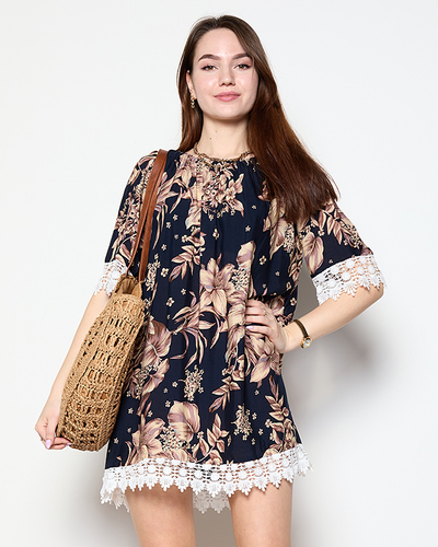 Dámská tmavě modrá halenka s květy PLUS VELIKOST - Oblečení