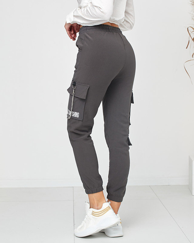 Šedé zateplené dámské cargo kalhoty s řetízkem - Oblečení