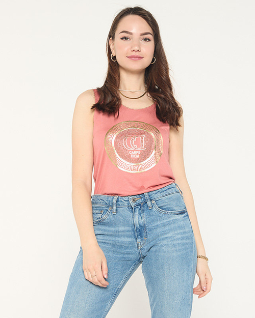 Кораловий топ на бретелях з принтом і цирконами