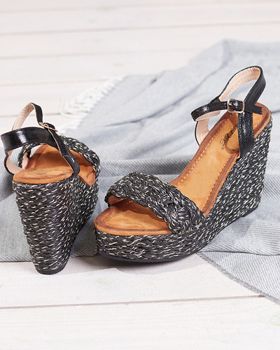 Жіночі чорні босоніжки із золотою ниткою на танкетці Carea-Shoes