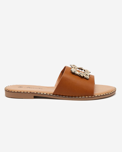 OUTLET Světle hnědé dámské elegantní pantofle se zlatým zdobením Meriso - Footwear