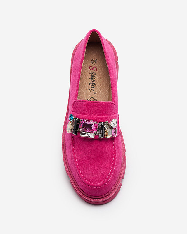 Eko semišové fuchsiové dámské mokasíny s ozdobnými krystaly Alenns- Obuv