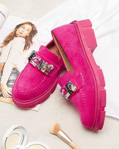 Eko semišové fuchsiové dámské mokasíny s ozdobnými krystaly Alenns- Obuv