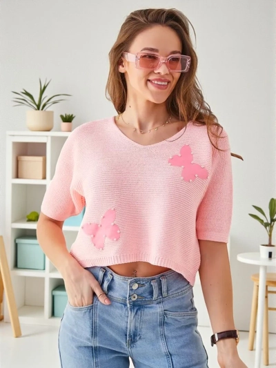 Royalfashion Жіночий бавовняний короткий светр з метеликами