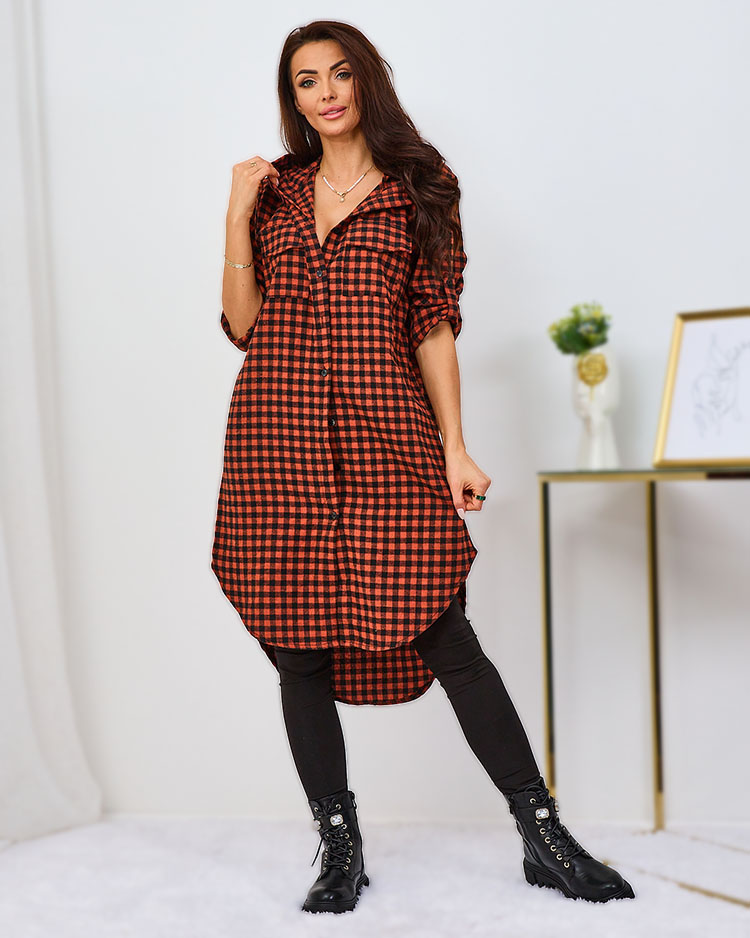 Royalfashion Oranžové dámské kostkované šaty