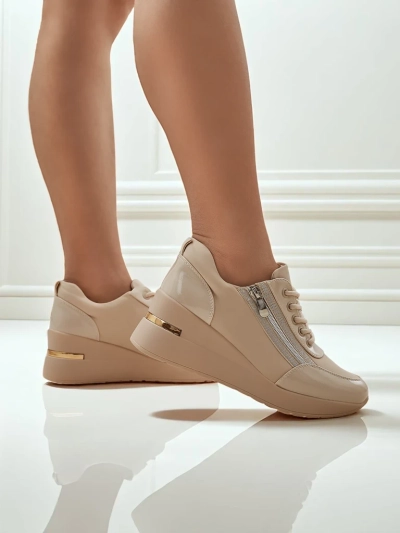 Dámské sneakersy klínkové HeraBea béžové z ekologické kůže 6,5 cm se zipem