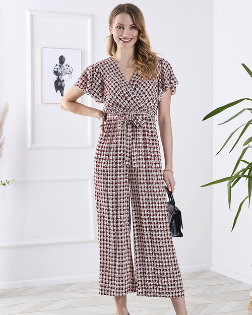 Візерунчастий довгий жіночий комбінезон на зав'язках червоного кольору - Одяг