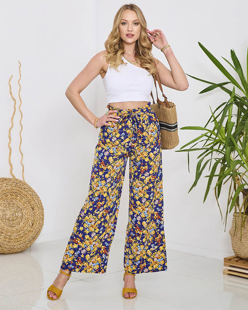 Жіночі сині штани палаццо з темно-синіми квітами - Одяг