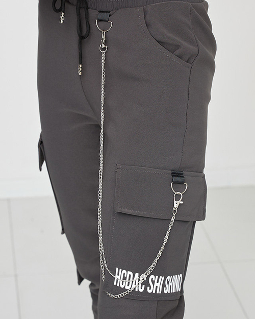 Сірі жіночі теплі штани карго з ланцюжком