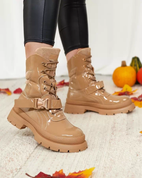 Royalfashion Dámské lakované kozačky ve světle hnědé barvě Setogy