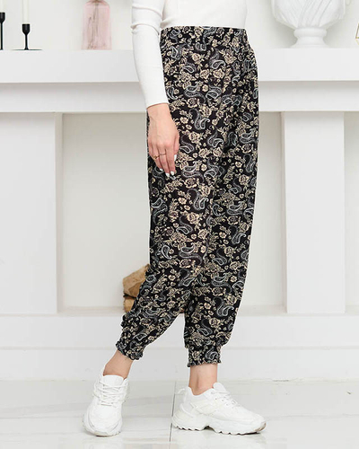 Černé dámské kalhoty s béžovým potiskem PLUS SIZE - Oblečení