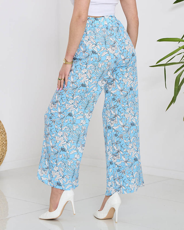 Dámské modré palazzo kalhoty s bílými květy - Oblečení