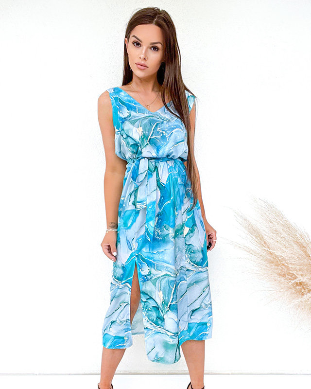 Modré vzorované midi šaty. Oblečení