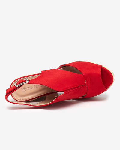 Červené eko semišové dámské sandály na klínku Devof - Footwear
