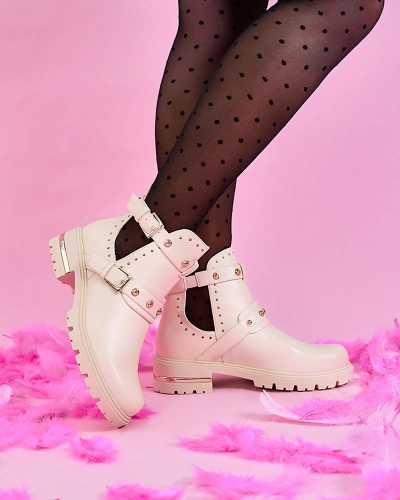 Royalfashion Cream dámské zdobené kozačky Jewel Walk na plochém podpatku