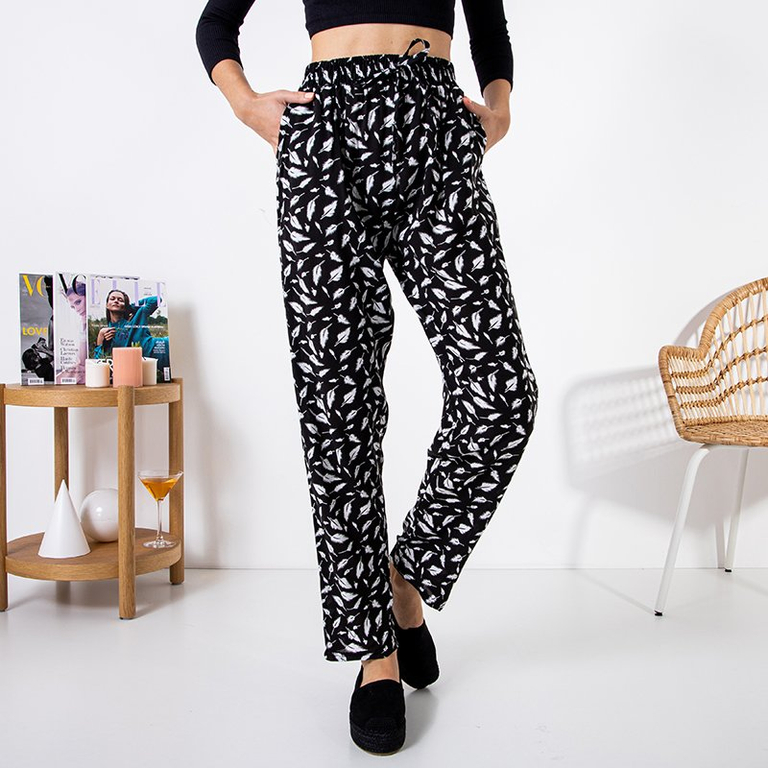 Dámské černé látkové kalhoty s peřím - Oblečení