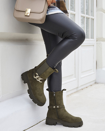 Жіночі темно-зелені чоботи з екозамші з ланцюжком Mefrika- Взуття