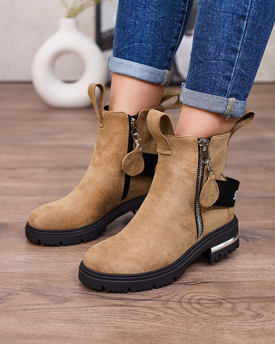 Royalfashion Hnědé kozačky z ekokůže s páskem a zipy Redmisala