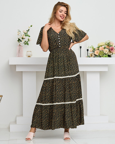 Dámské černé rozevláté květované maxi šaty - Oblečení