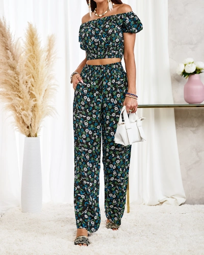 Royalfashion Černý dvoudílný dámský květinový komplet