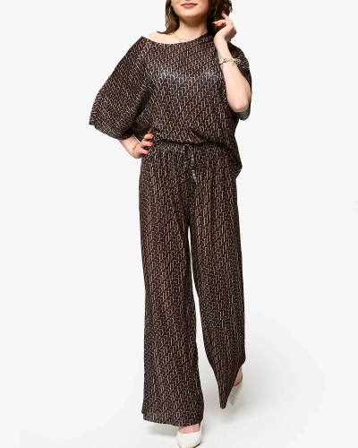 Чорний жіночий плісирований комплект з коричневим візерунком - Одяг