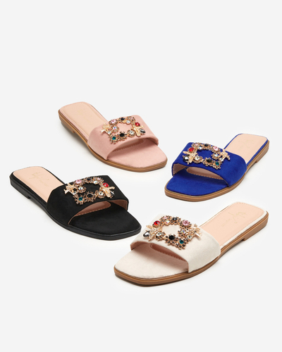 OUTLET Dámské černé eko semišové pantofle se zlatou přezkou Kom- Footwear