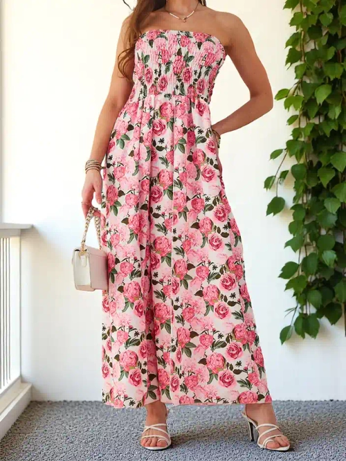 Royalfashion Візерунковий жіночий міді-сукня без рукавів з широкою еластичною стрічкою та розрізами внизу