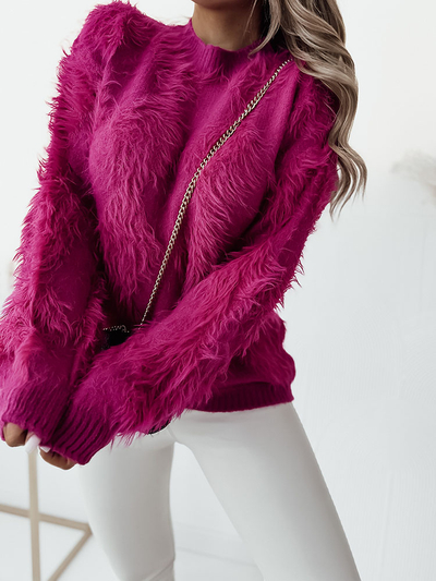 Royalfashion Chlupatý dámský svetr v tmavě růžové barvě
