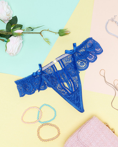 Жіночі темно-сині мереживні стринги з орнаментом - Білизна