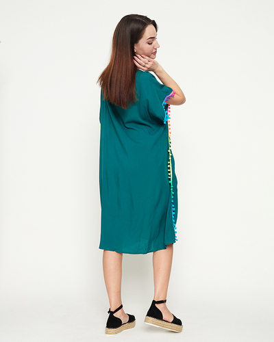 Tmavě zelená dámská letní plážová tunika s bambulkami - Oblečení